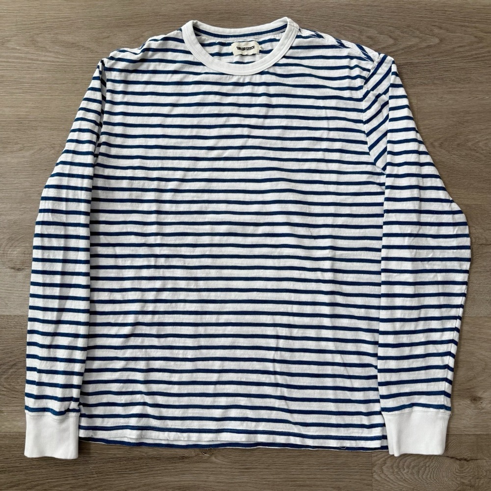 Taylor Stitch Men 44 XL Organic Heavyweight Cotton Long Sleeve Tee Indigo Stripe